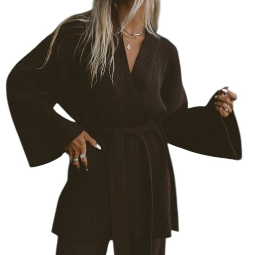 Women's Black Wrap Belted Ribbed Cardigan Sweater